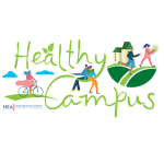 green text reads Healthy Campus with images of happy people in graphics with colorful leaves and clouds